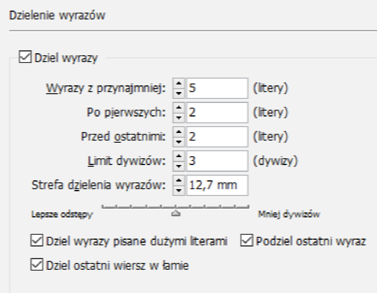 Parametry dzielenia wyrazów w programie InDesign